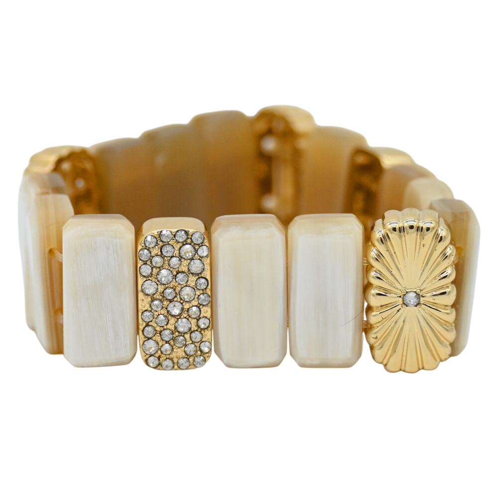 Akola White Beige Horn & Gold Plated Crystal Station Beaded Bracelet